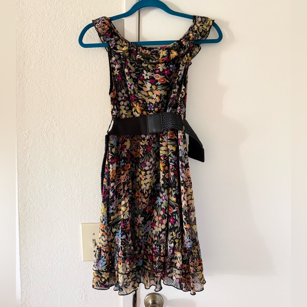 Floral Black Sleeveless Belted Dress